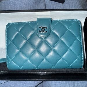 CHANEL Lambskin Quilted Teal Leather CC Snap Wallet